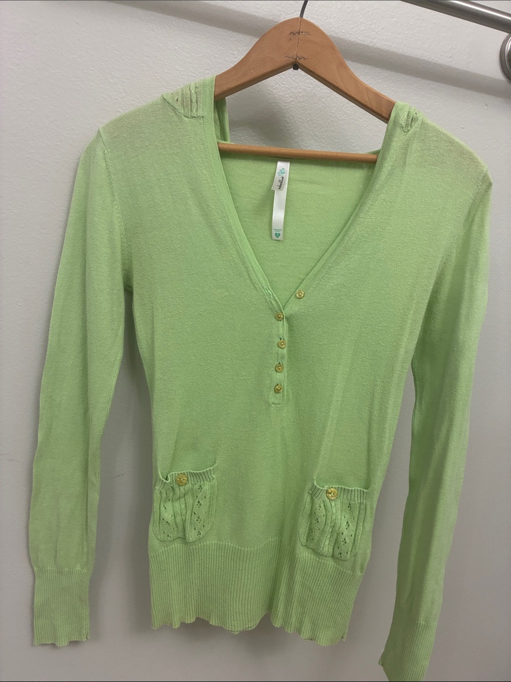 Vintage Y2K Anchor Blue Light green knit hooded henley cardigan sweater Small